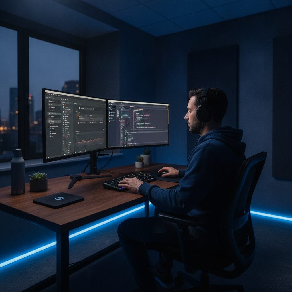 Programista WordPress przy biurku z kodem i dashboardem